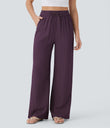High Waisted Drawstring Pocket Wide Leg Baggy Casual Linen-Feel Pants - Italian Plum