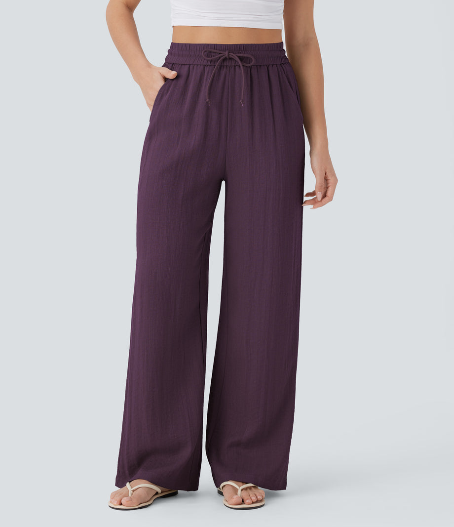 High Waisted Drawstring Pocket Wide Leg Baggy Casual Linen-Feel Pants - Italian Plum