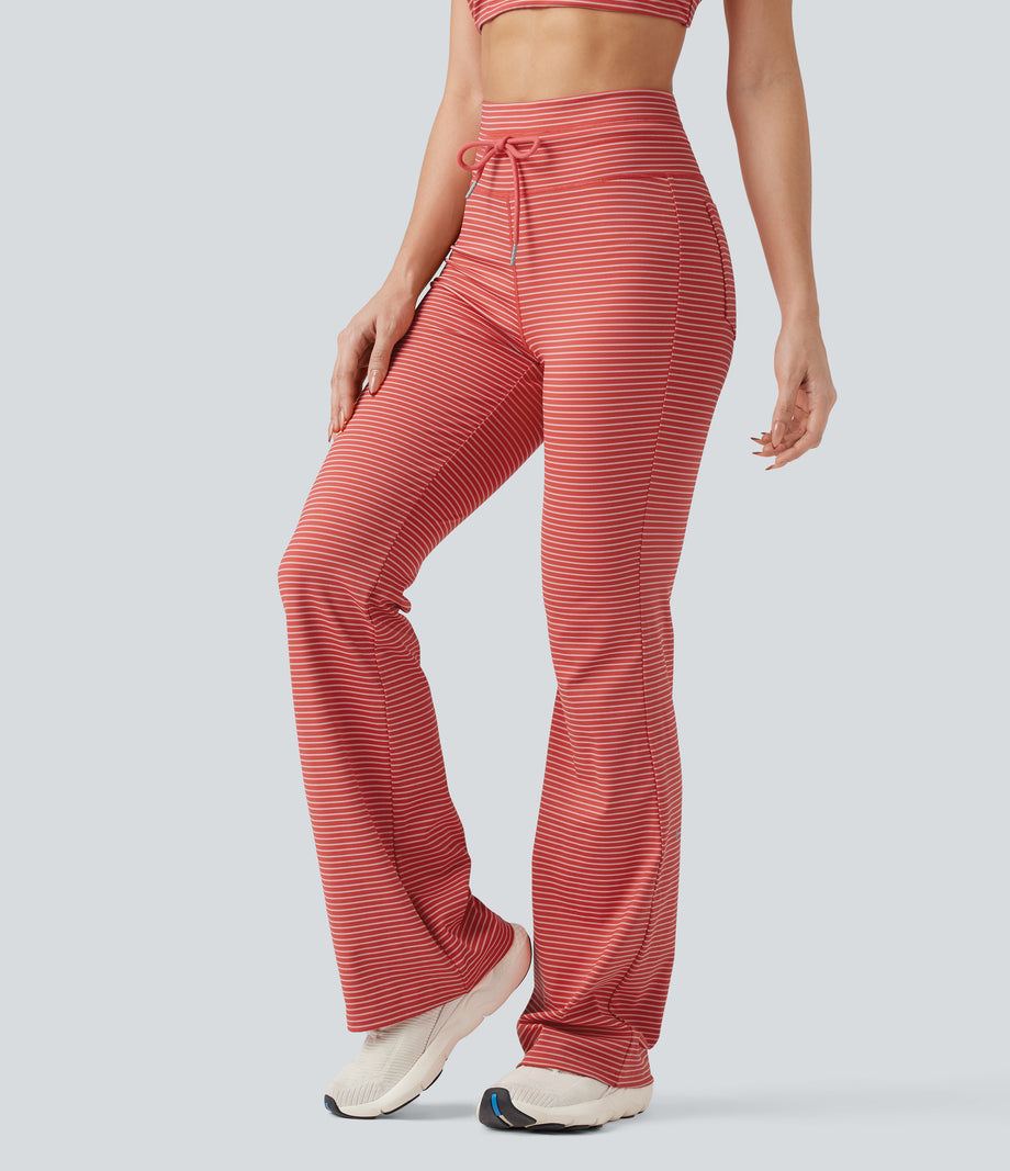 High Waisted Drawstring Stripe Flare Yoga Pants with Pockets - Sunset Coral