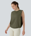 Round Neck Ruched Cool Touch Yoga Tank Top-UPF50+ - Grass Grey Green
