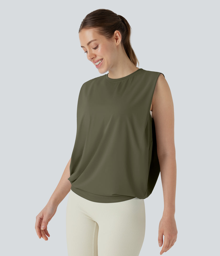 Round Neck Ruched Cool Touch Yoga Tank Top-UPF50+ - Grass Grey Green