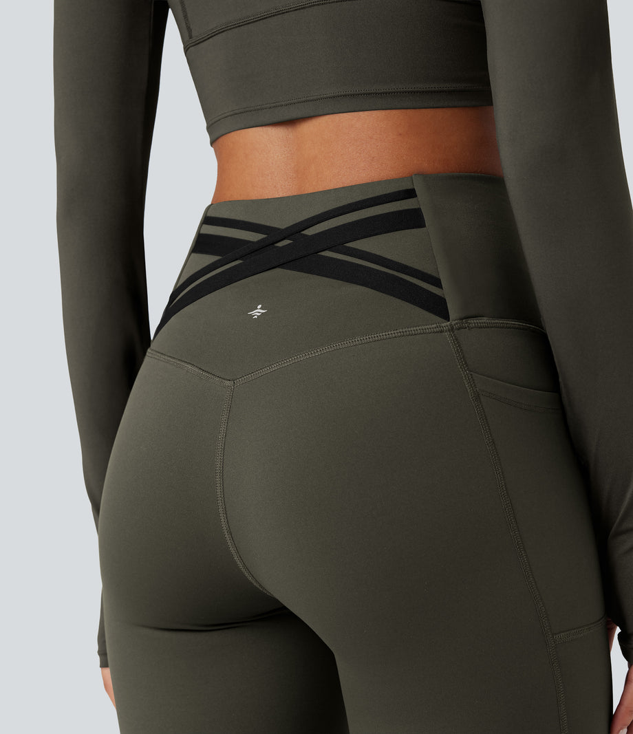 Halara Ultrasculpt™ Heat High Waisted Tummy Control Crossover Back Fleece Running Leggings with Pockets - Forest Night