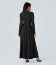 Mock-neck Long Sleeve Pocket Flare Maxi Casual Dress - Black