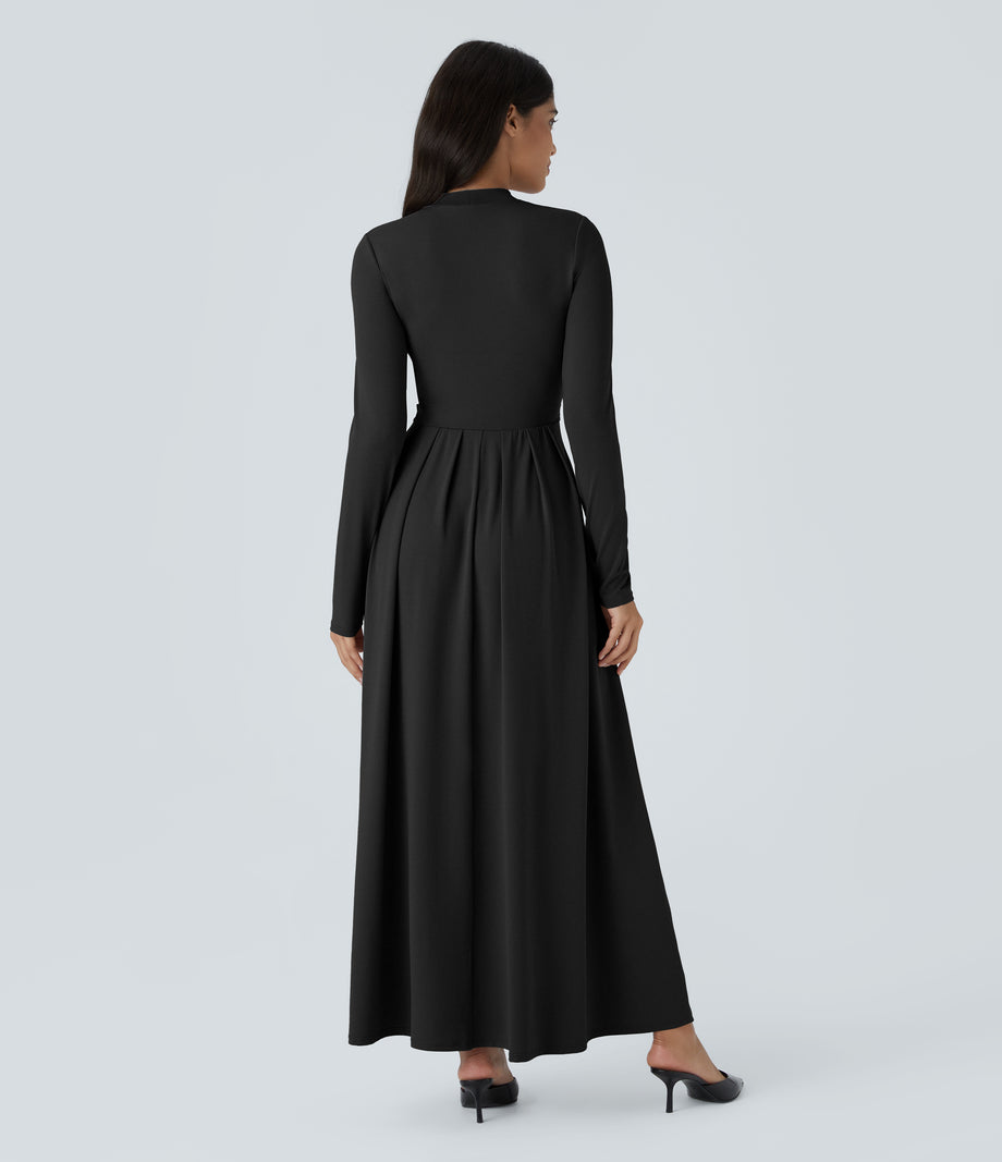 Mock-neck Long Sleeve Pocket Flare Maxi Casual Dress - Black