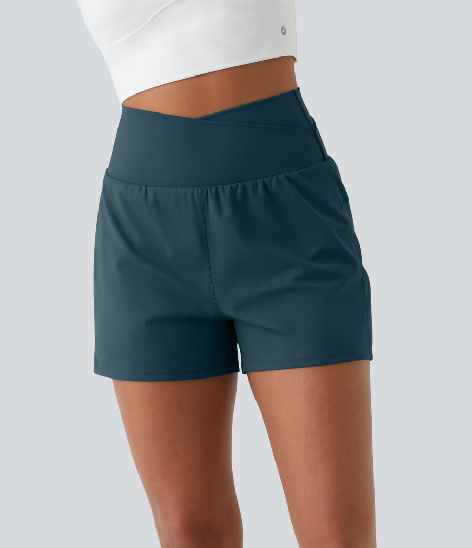 High Waisted Crossover Pocket 2-in-1 Casual Shorts - Majolica Blue