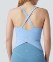 Scoop Neck Crisscross Back Crossover Hem Yoga Cami Top - Fresh Blue