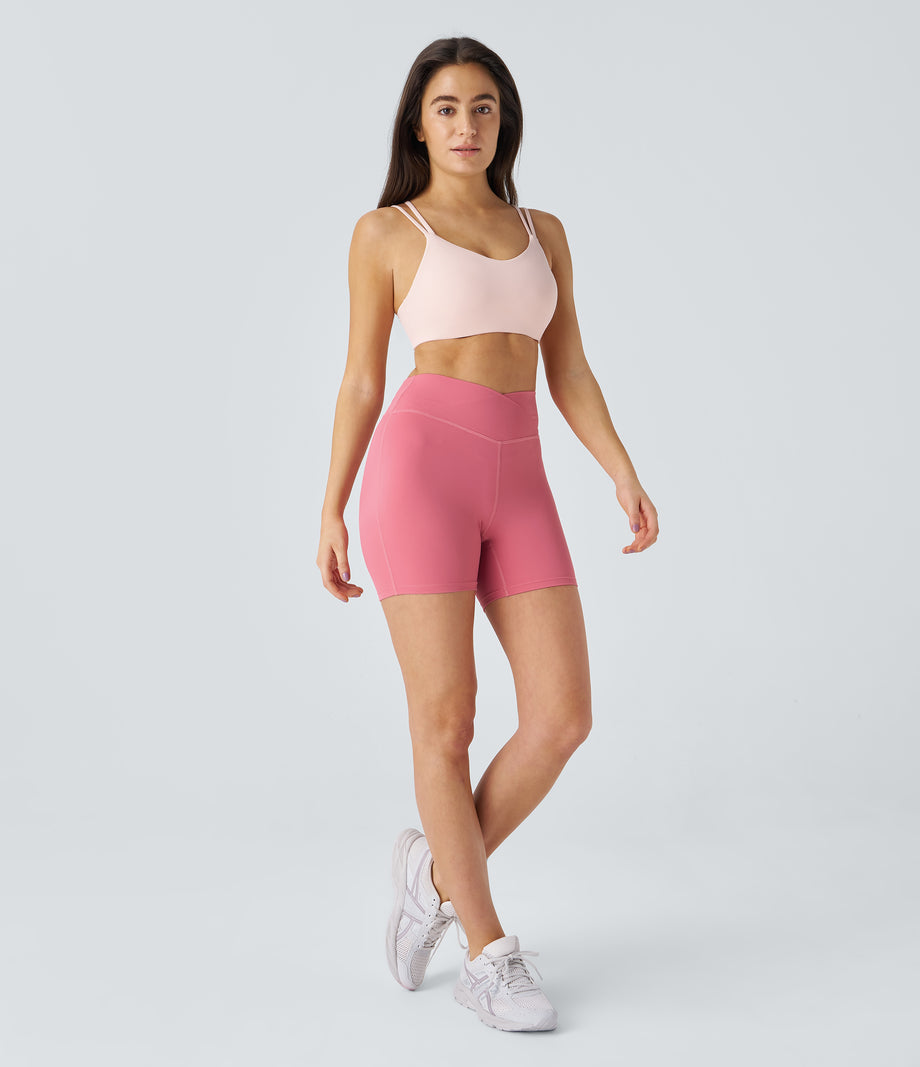SoftlyZero™ Plush High Waisted Crossover Ruched Yoga Shorts 5'' - Begonia Rouge