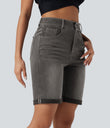 Halara Flex™ High Waisted Pockets Rolled Hem Washed Denim Casual Bermuda Shorts - Cool Gray Denim