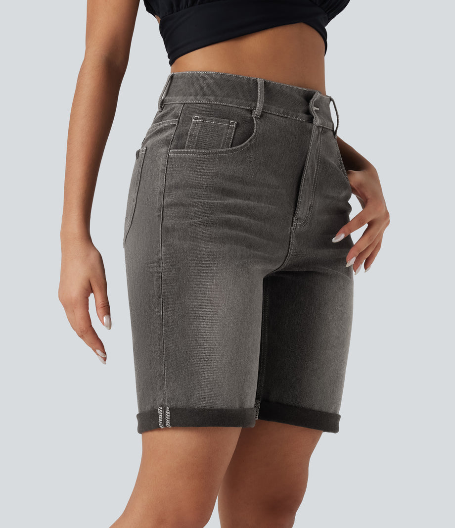 Halara Flex™ High Waisted Pockets Rolled Hem Washed Denim Casual Bermuda Shorts - Cool Gray Denim