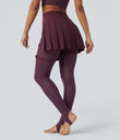 Breezeful™ High Waisted Pleated 2-in-1 Contrast Mesh Quick Dry Dance Stirrup Skirted Leggings with Pockets - Amaranth