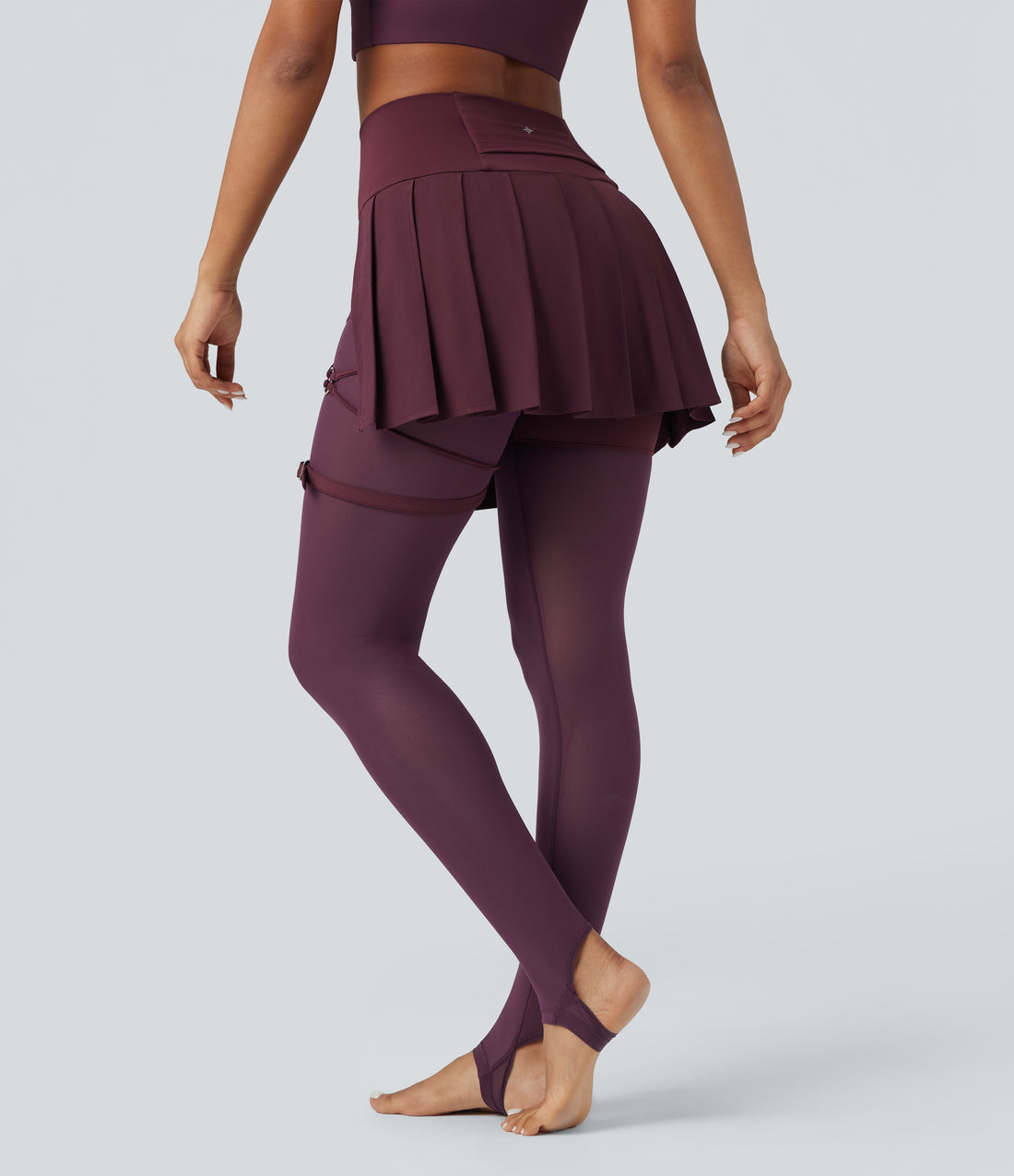 Breezeful™ High Waisted Pleated 2-in-1 Contrast Mesh Quick Dry Dance Stirrup Skirted Leggings with Pockets - Amaranth