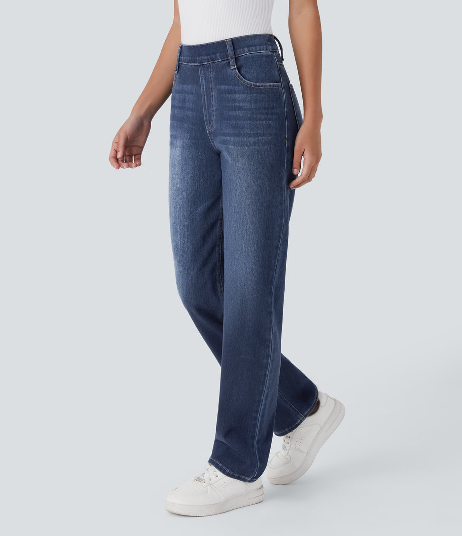 Halara Flex™ High Waisted Pockets Straight Leg Washed Casual Jeans - Paint Blue Denim