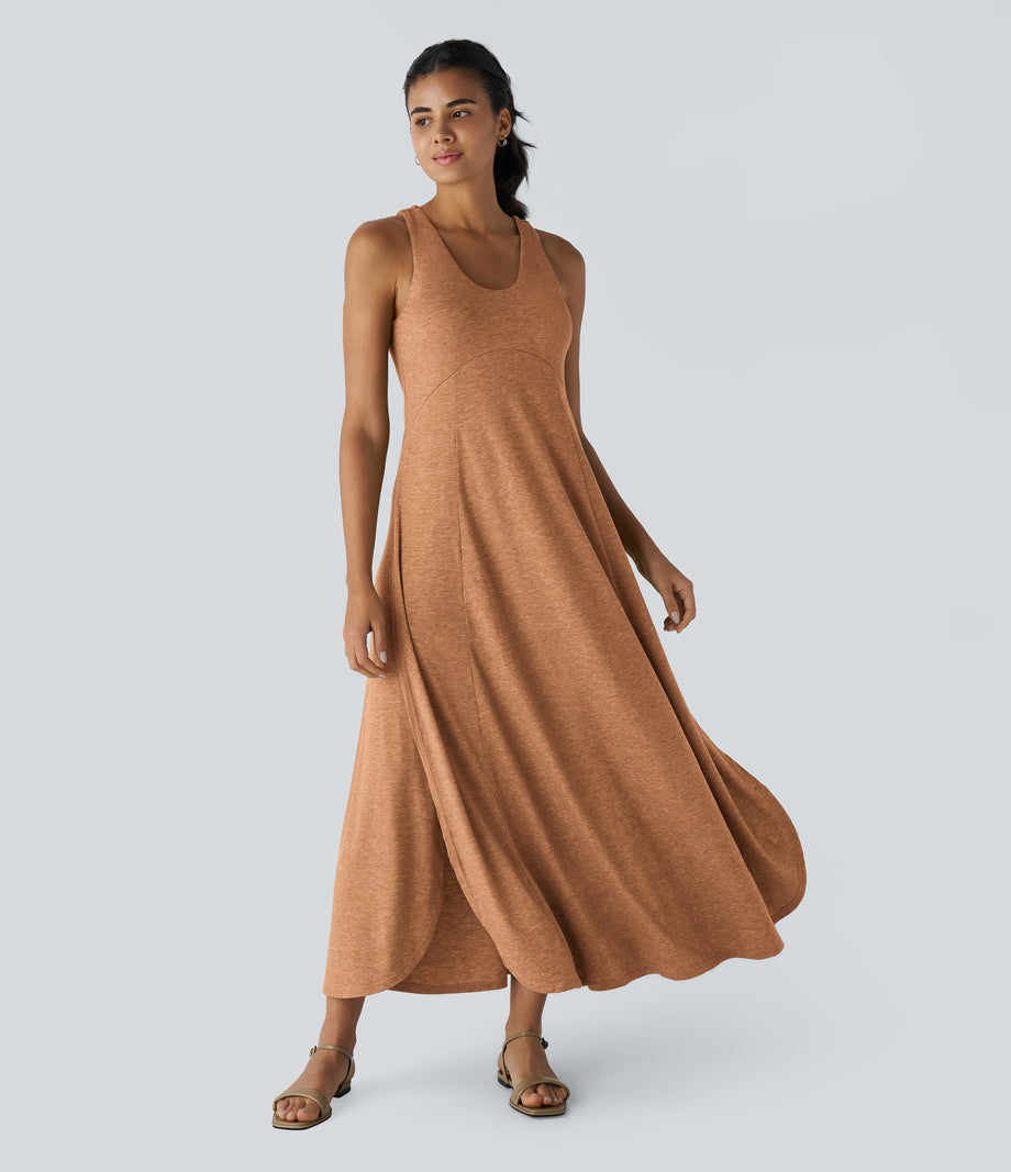 U Neck Flowy Maxi Casual Tank Dress - Pumpkin Orange Floral Yarn