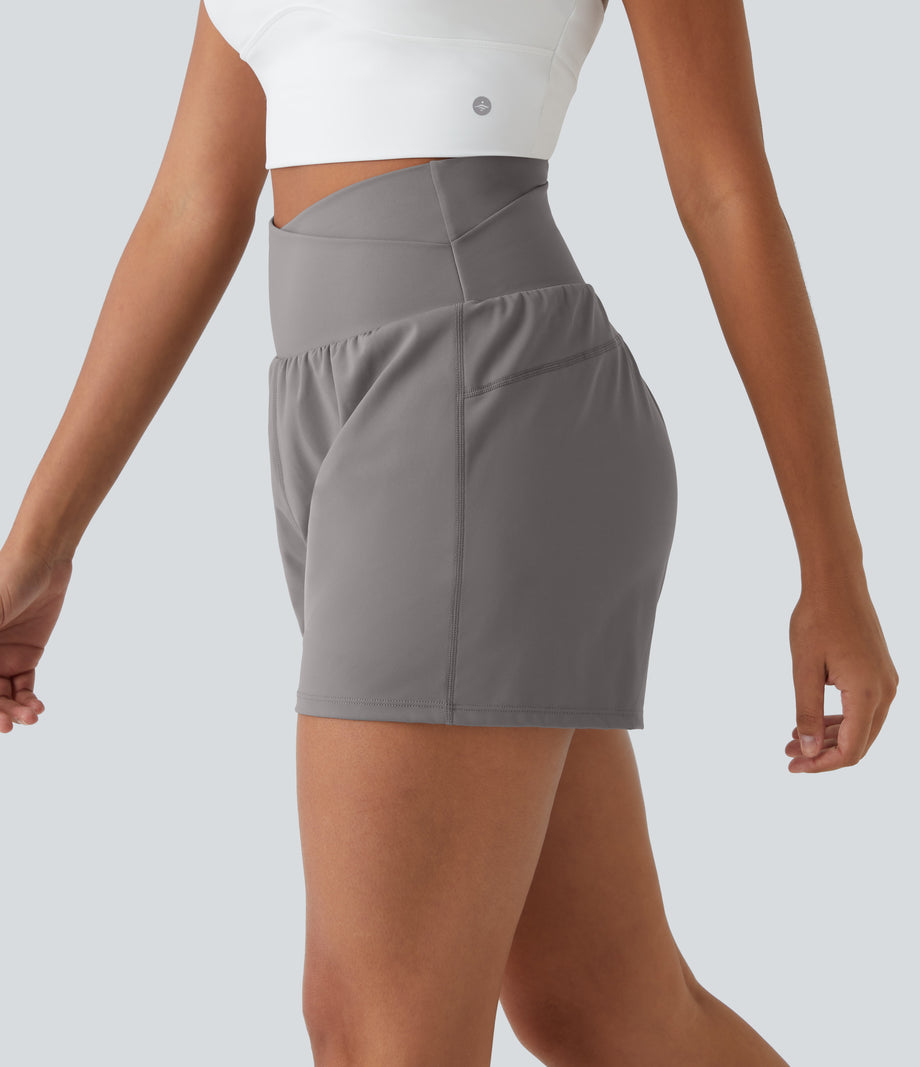 High Waisted Crossover Pocket 2-in-1 Casual Shorts - Steeple Gray