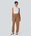 Crossover High Waisted Pocket Drawstring Casual Joggers - Pumpkin Orange Floral Yarn