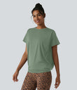 Round Neck Short Sleeve Ruched Cool Touch Yoga Sports Top-UPF50+ - Hedge Green
