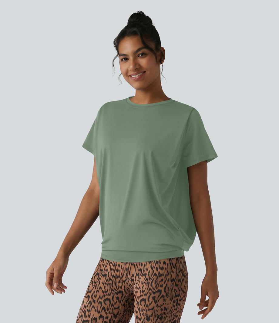 Round Neck Short Sleeve Ruched Cool Touch Yoga Sports Top-UPF50+ - Hedge Green