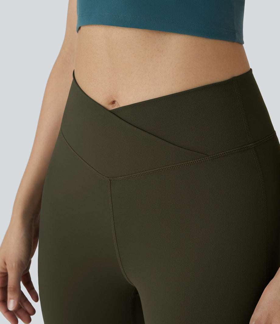 DayStretch High Waisted Crossover Flare Yoga Leggings - Forest Night