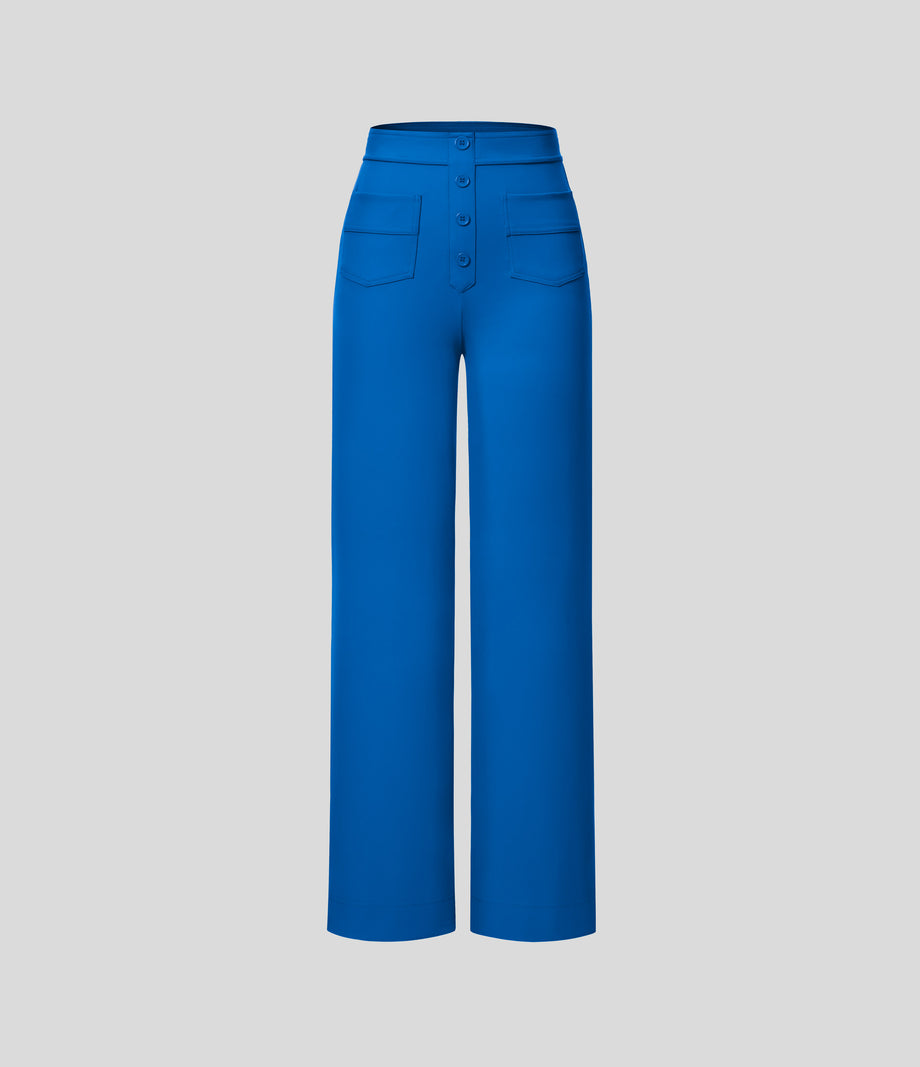 DayStretch High Waisted Pockets Straight Leg Casual Pants - Victoria Blue