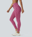 High Waisted Drawstring Striped Yoga Leggings with Pockets - Berry Stripe