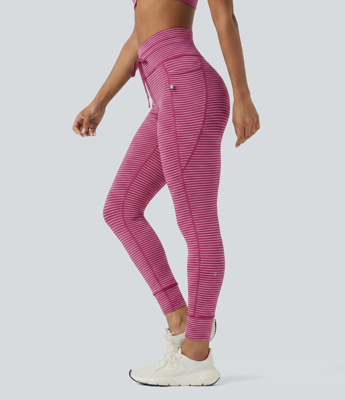 High Waisted Drawstring Striped Yoga Leggings with Pockets - Berry Stripe