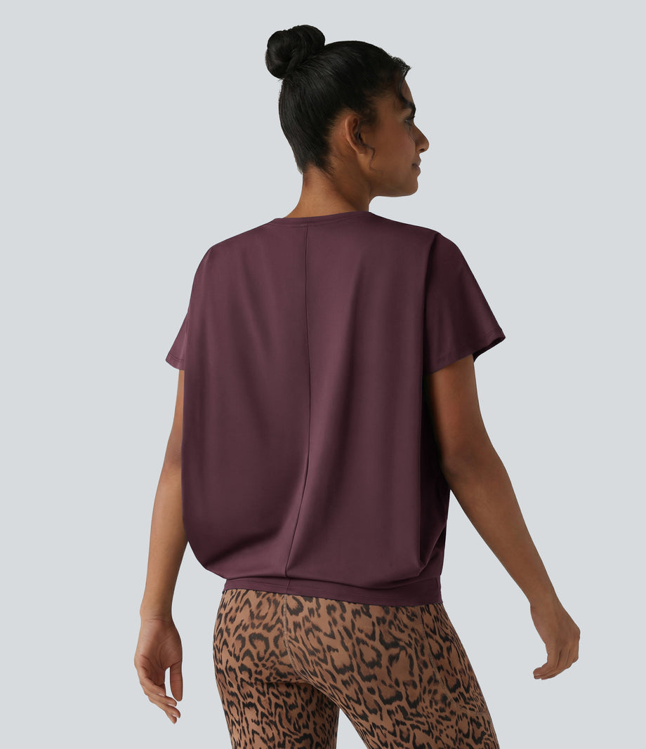 Round Neck Short Sleeve Ruched Cool Touch Yoga Sports Top-UPF50+ - Fig
