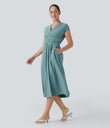 Breezeful™ V Neck Short Sleeve Pocket Tie Back Quick Dry Midi Casual Dress - Stone Blue