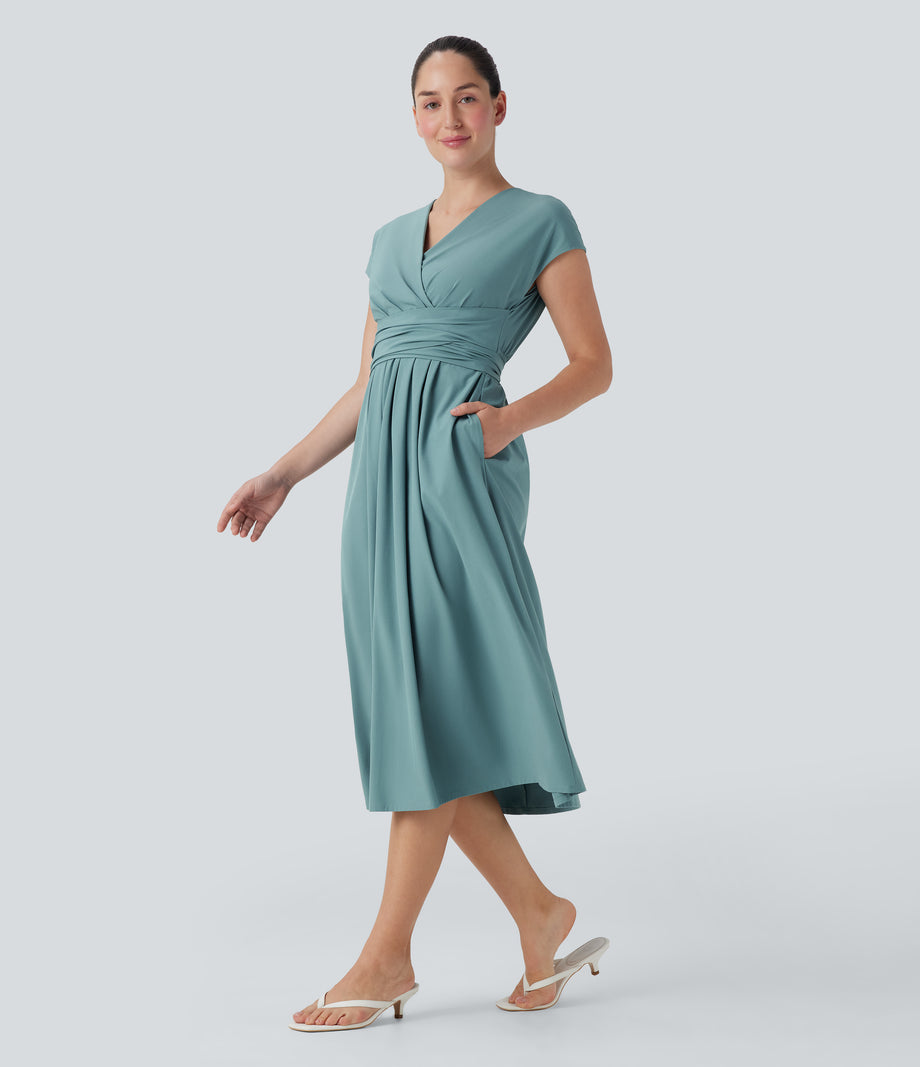 Breezeful™ V Neck Short Sleeve Pocket Tie Back Quick Dry Midi Casual Dress - Stone Blue