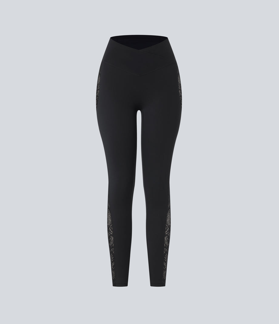 SoftlyZero™ High Waisted Crossover Contrast Lace Pocket Yoga Leggings-UPF50+ - Black