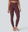 SoftlyZero™ High Waisted Crossover Contrast Lace Pocket Yoga Leggings-UPF50+ - Red Mahogany