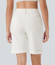 Halara Flex™ High Waisted Pockets Rolled Hem Washed Denim Casual Bermuda Shorts - Bright White Denim