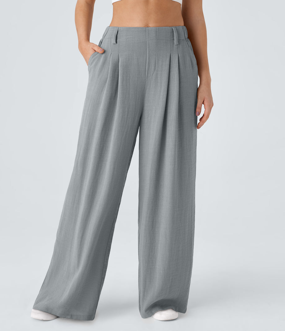 High Waisted Pocket Wide Leg Flowy Solid Palazzo Casual Linen-Feel Pants - Quarry
