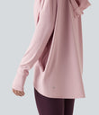 Hooded Cowl Neck Long Sleeve Thumb Hole Yoga Sports Top with Pockets - Pale Lilac