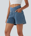 Halara Flex™ Crossover High Waisted Pockets Wide Leg A Line Washed Denim Casual Shorts - Blue Surf Denim