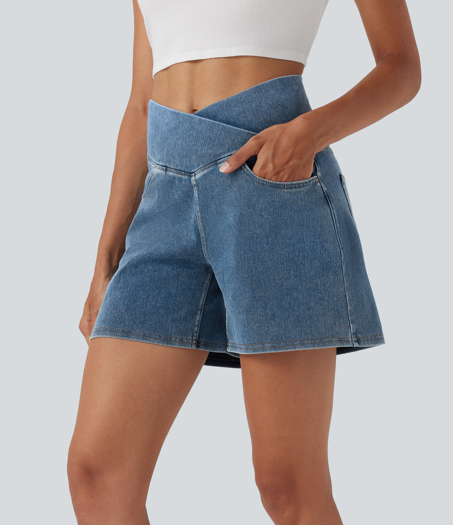 Halara Flex™ Crossover High Waisted Pockets Wide Leg A Line Washed Denim Casual Shorts - Blue Surf Denim