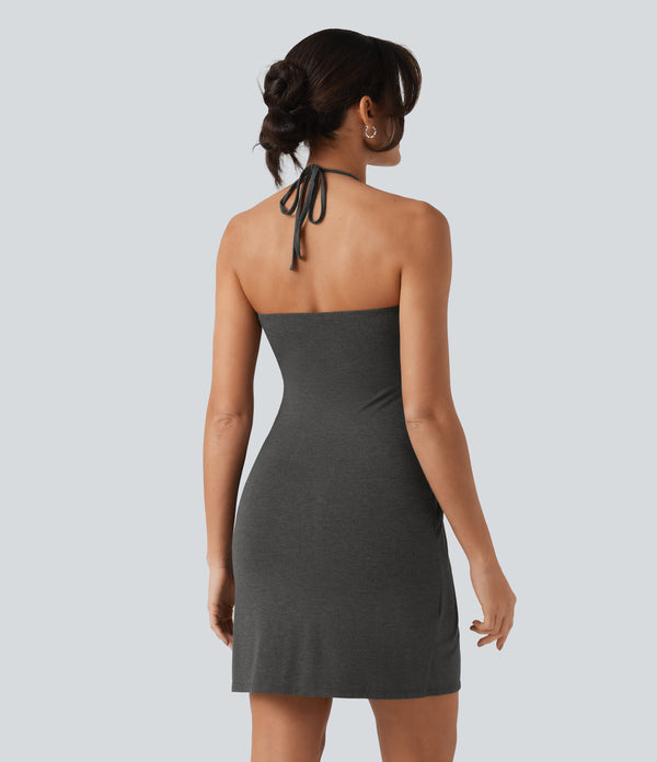 Halter Tie Back Mini Resort Dress with Pockets - Darl Gray Floral Yarn