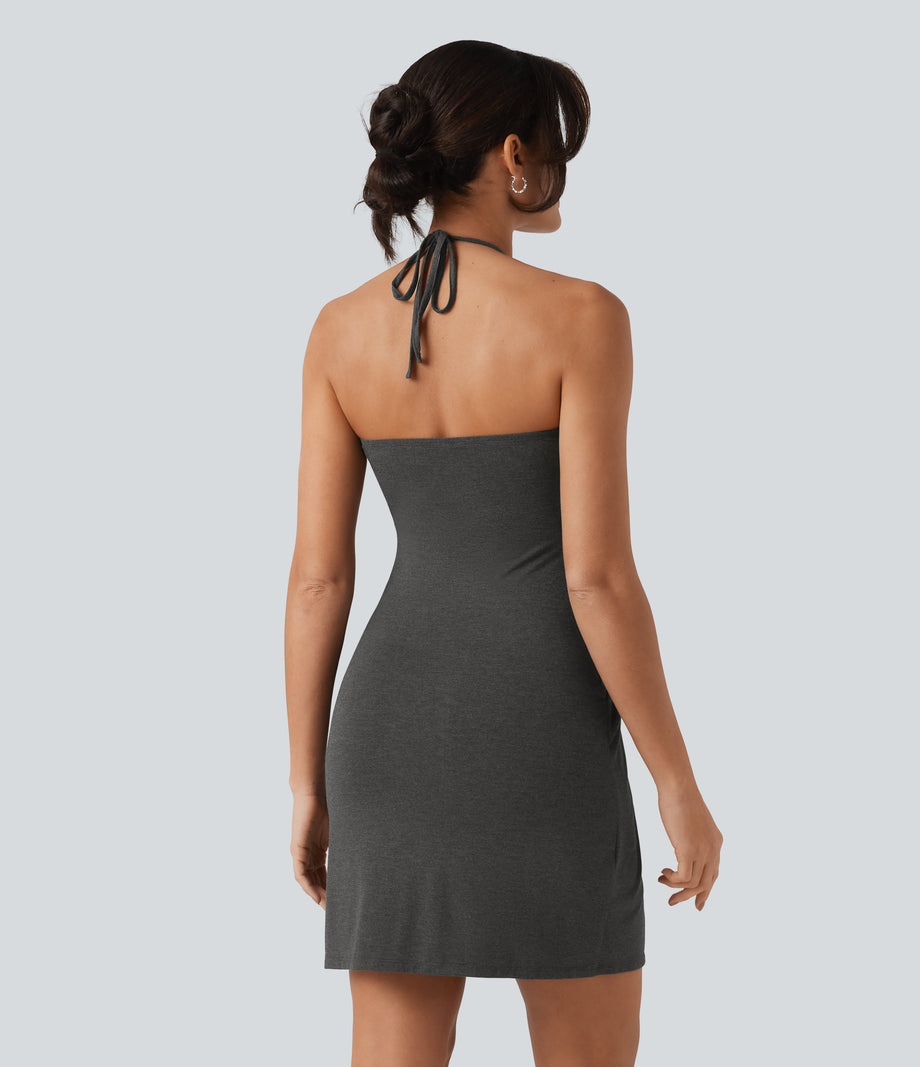 Halter Tie Back Mini Resort Dress with Pockets - Darl Gray Floral Yarn