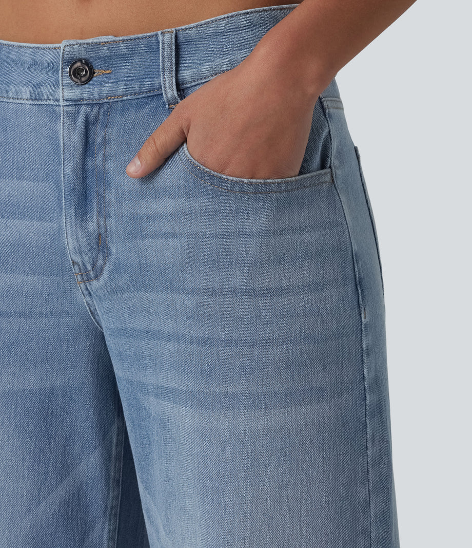 Halara Flex™ Low Rise Zipper Pockets Washed Baggy Wide Leg Casual Jeans - Light Blue – Glacier Light Blue