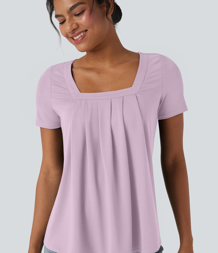 Square Neck Short Sleeve Casual Top - Orchid Ice