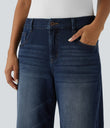 Halara Flex™ Low Rise Zipper Pockets Washed Baggy Wide Leg Casual Jeans - Distressed Denim Dark Blue