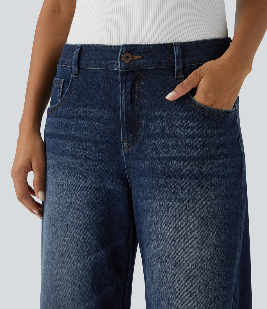 Halara Flex™ Low Rise Zipper Pockets Washed Baggy Wide Leg Casual Jeans - Distressed Denim Dark Blue