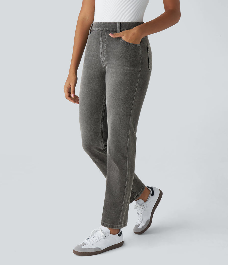 Halara Flex™ High Waisted Pockets Straight Leg Washed Casual Jeans - Dirty Black Denim