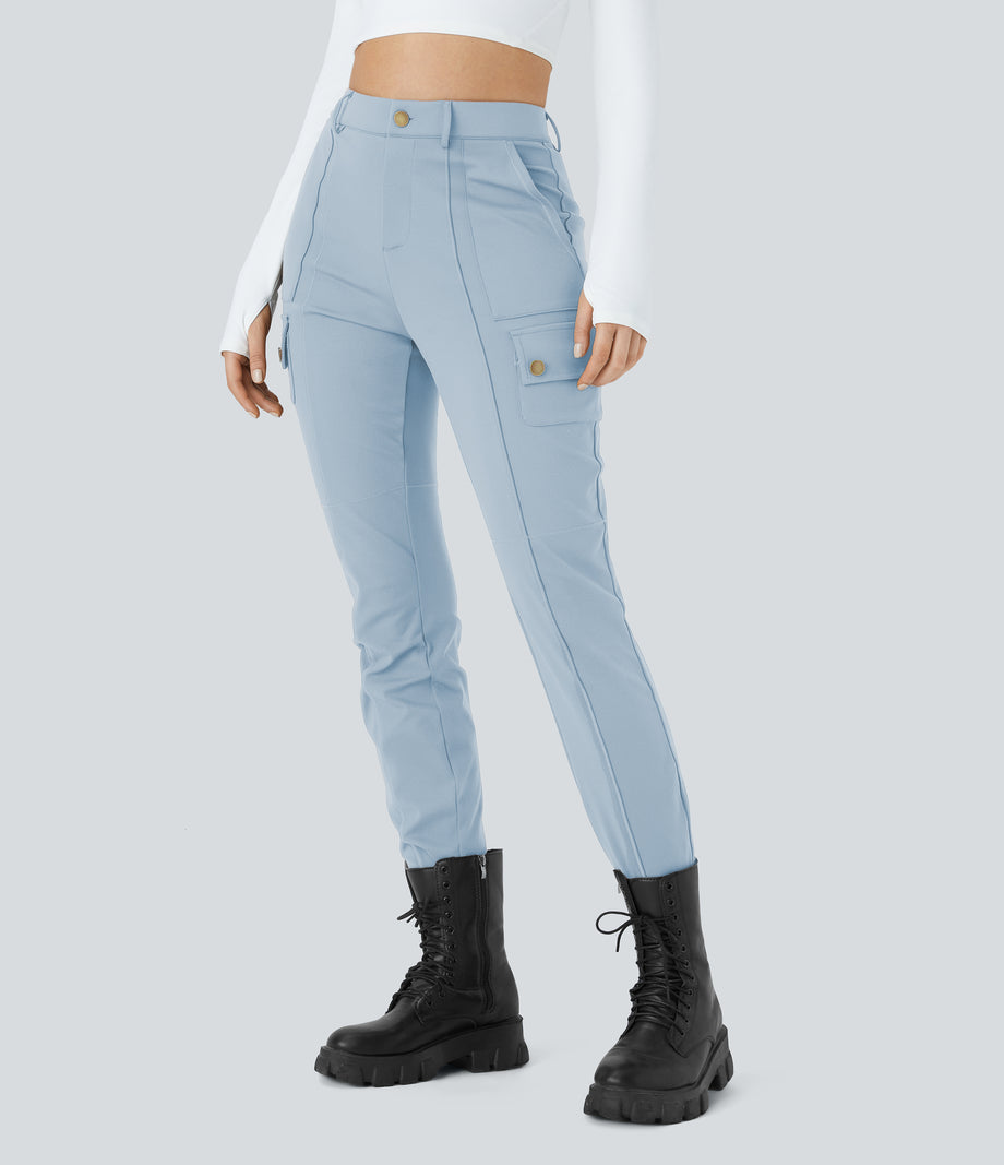 DayStretch High Waisted Zipper Pockets Solid Skinny Cargo Pants - Baby Blue