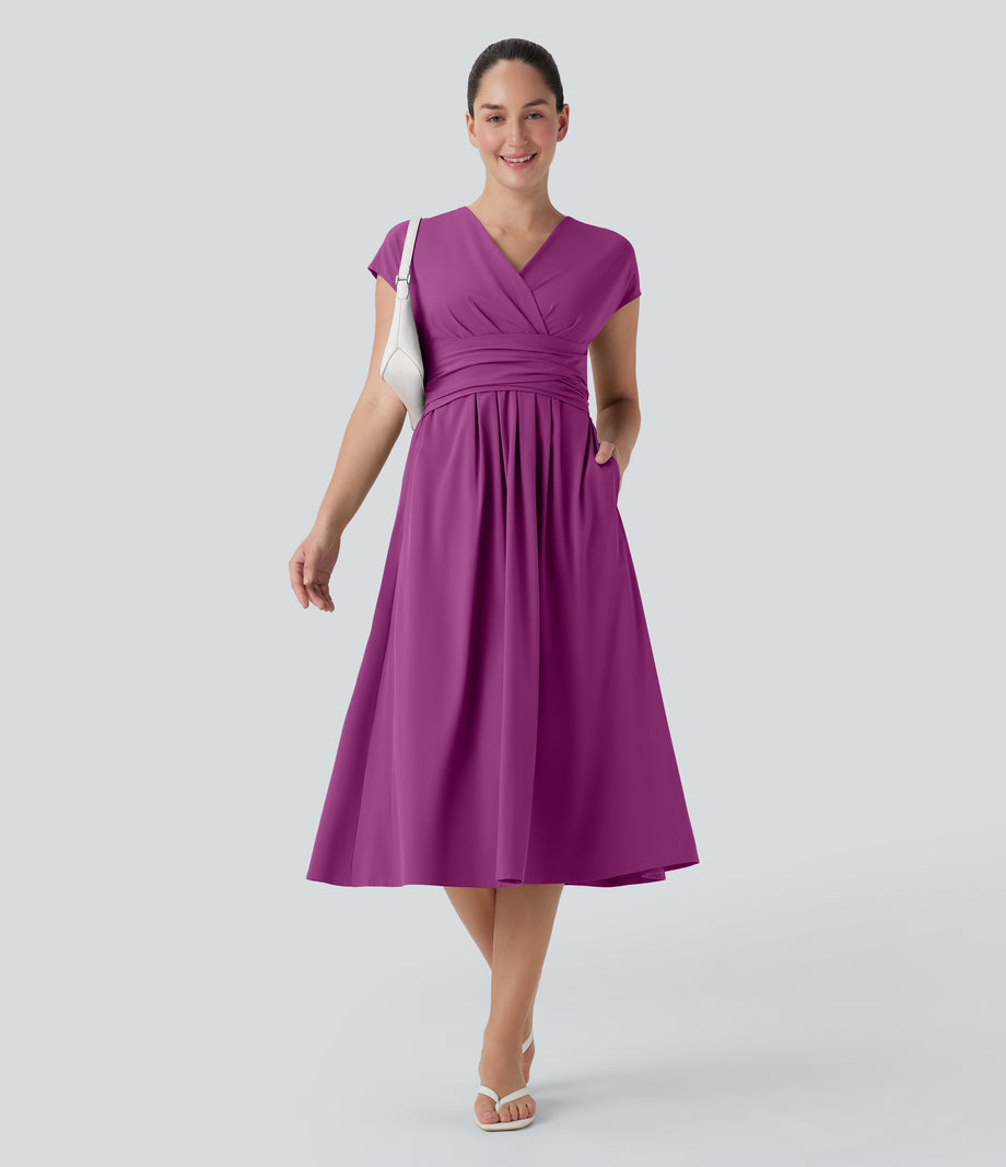 Breezeful™ V Neck Short Sleeve Pocket Tie Back Quick Dry Midi Casual Dress - Purple Wine