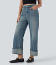 Halara Flex™ High Waisted Pockets Rolled Hem Wide Leg Washed Casual Jeans - Blue Surf Denim