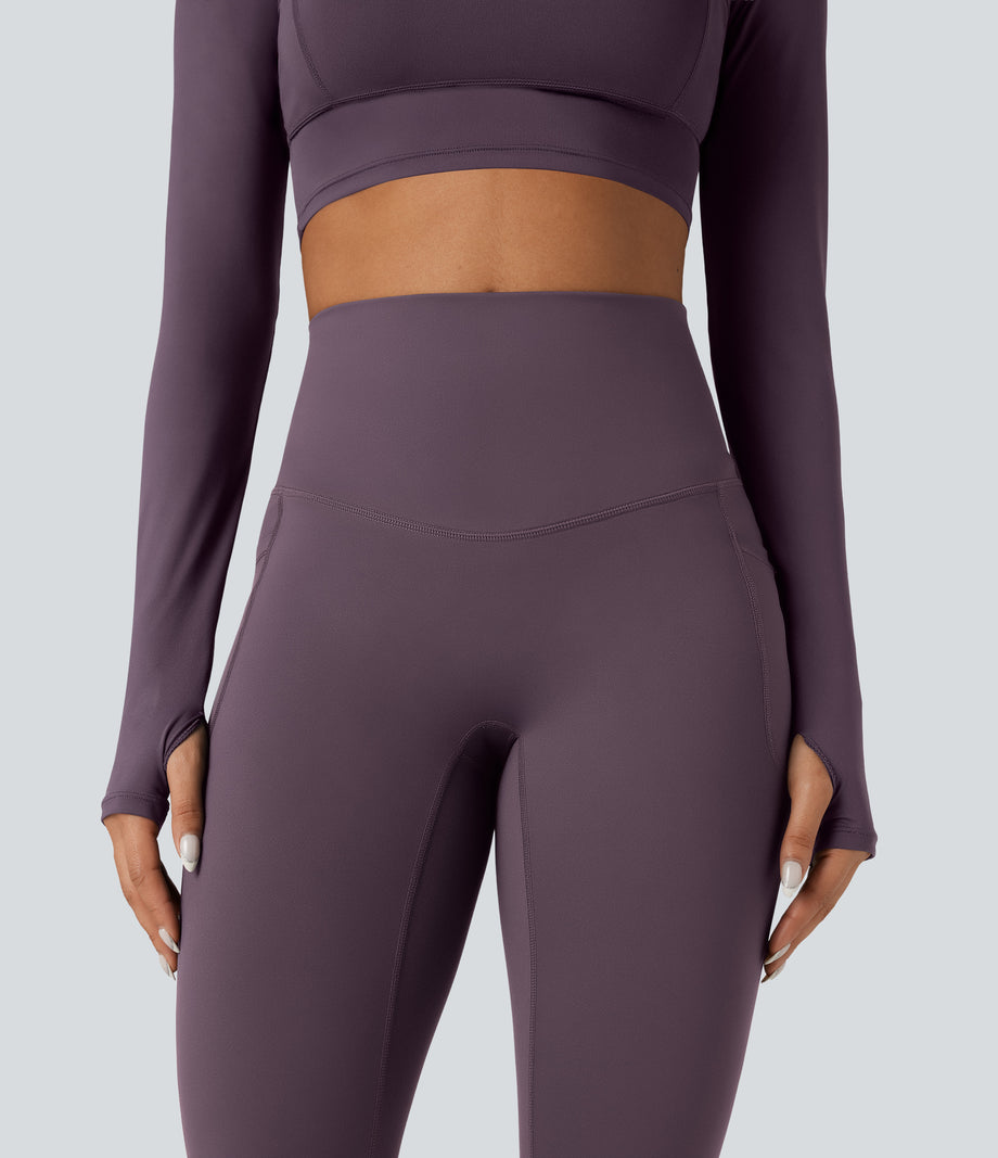 Halara Ultrasculpt™ Heat High Waisted Tummy Control Crossover Back Fleece Running Leggings with Pockets - Night's Purple
