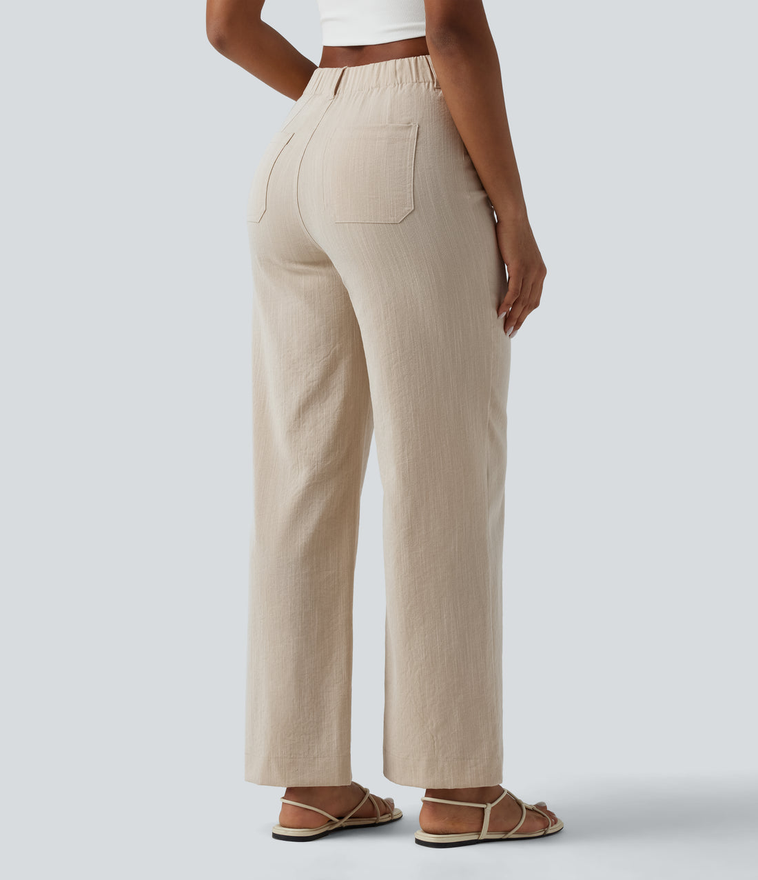 High Waisted Straight Leg Casual Linen-Feel Pants with Pockets - Dune Mirage