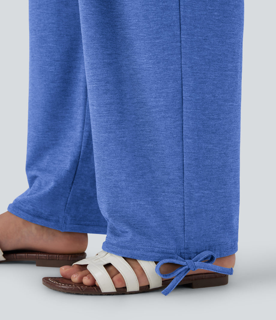 Crossover High Waisted Pocket Drawstring Casual Joggers - Sky Blue Floral Yarn