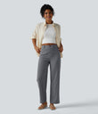 High Waisted Straight Leg Casual Linen-Feel Pants with Pockets - Obsidian Weave