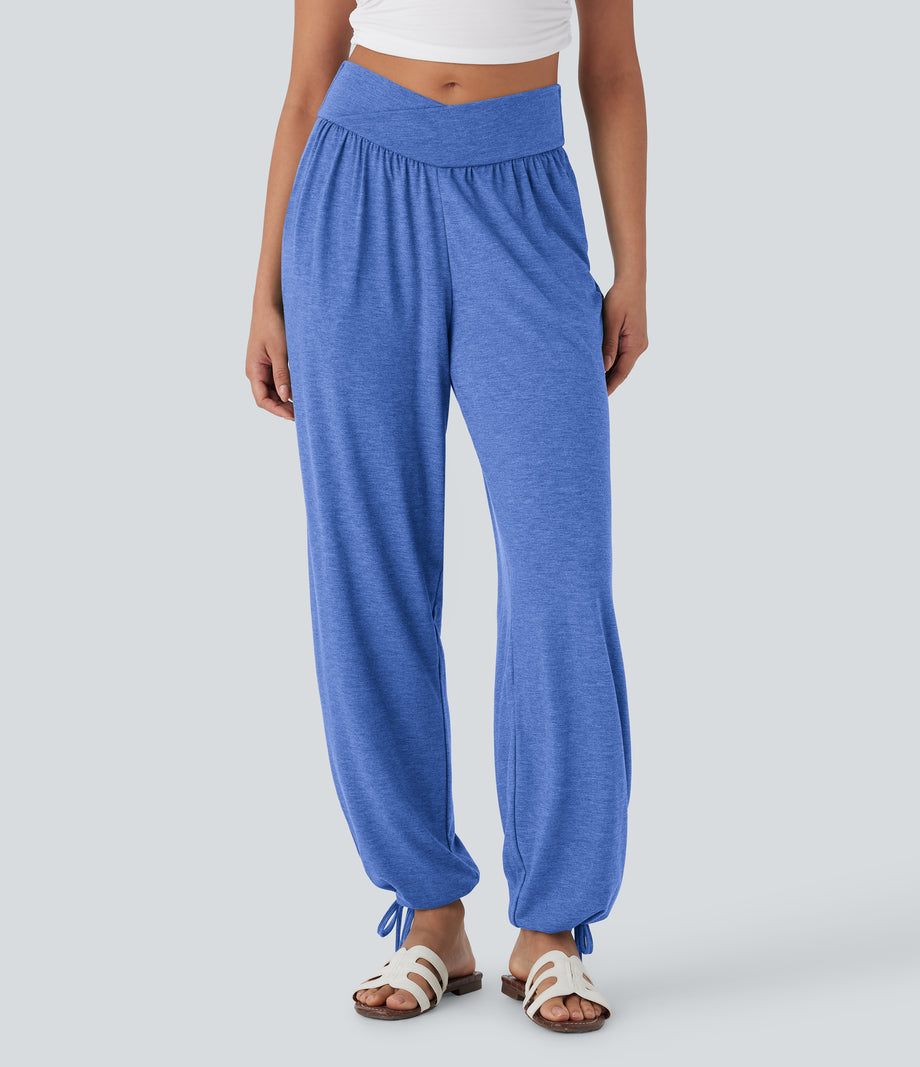 Crossover High Waisted Pocket Drawstring Casual Joggers - Sky Blue Floral Yarn